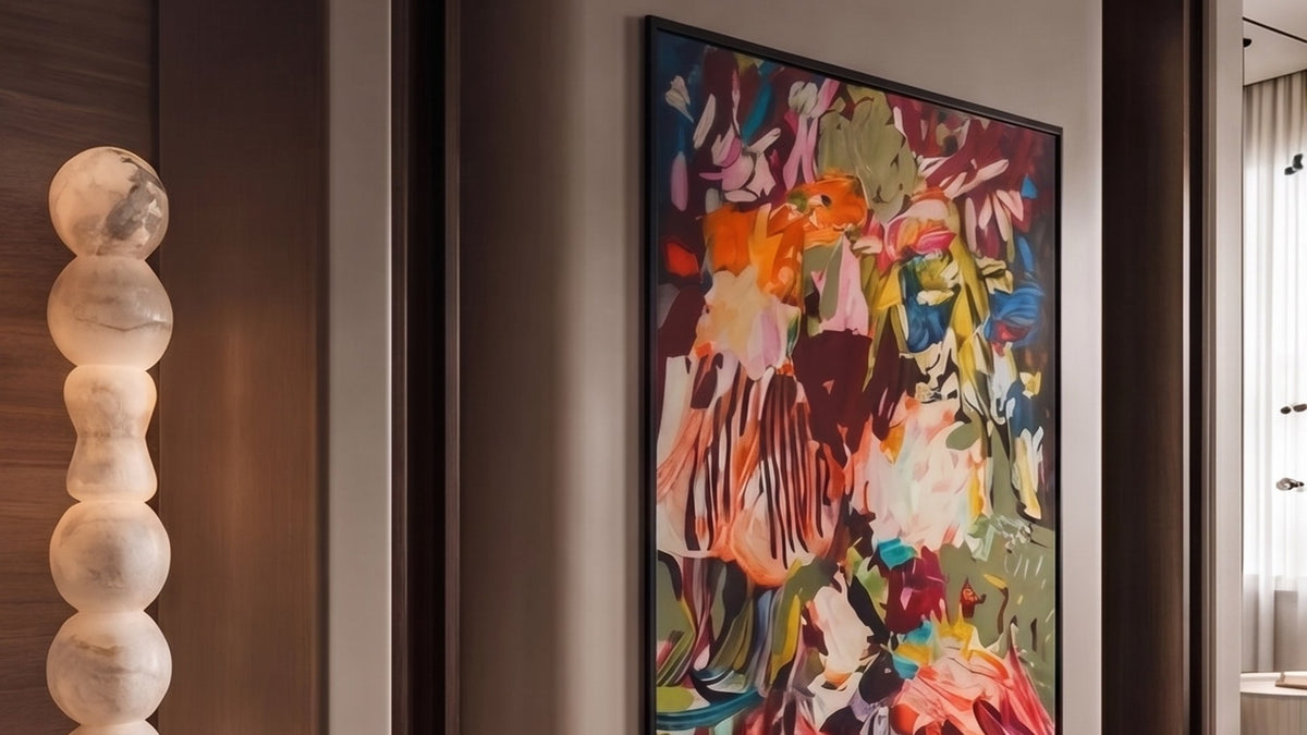 Handmade colorful abstract canvas art above a fireplace