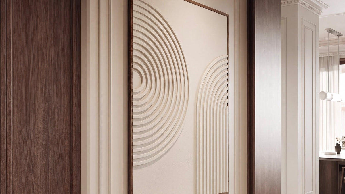 Handmade arch relief canvas art in a paneled hallway